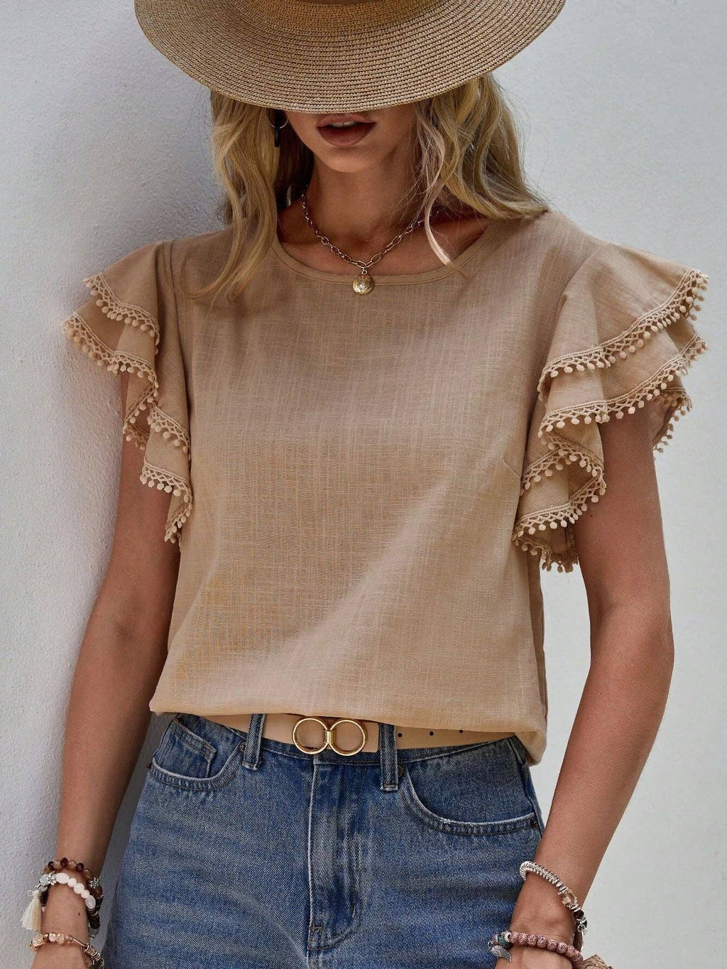 Casual Crew Neck Ruffle Batwing Short Sleeve Top
