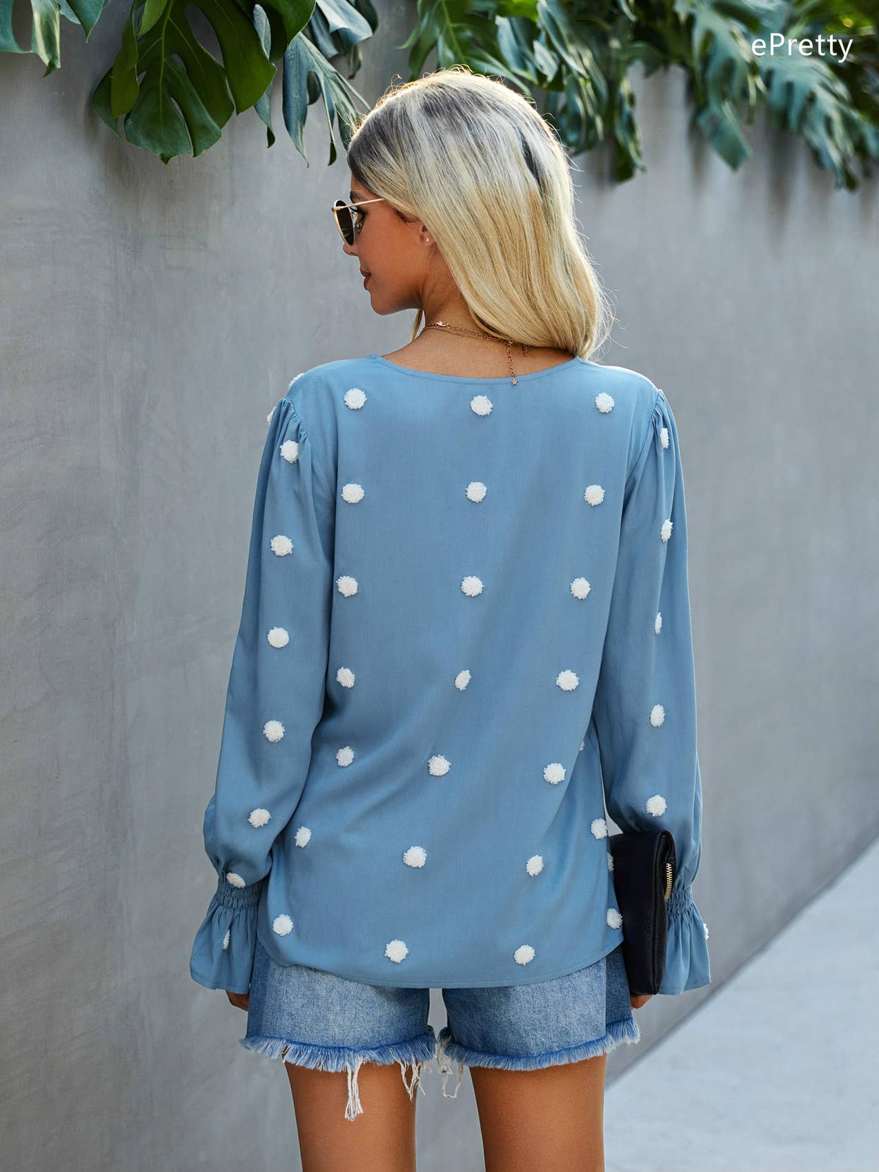 SZ1-TP3171 Pom Detail Button Long Sleeve Blouse