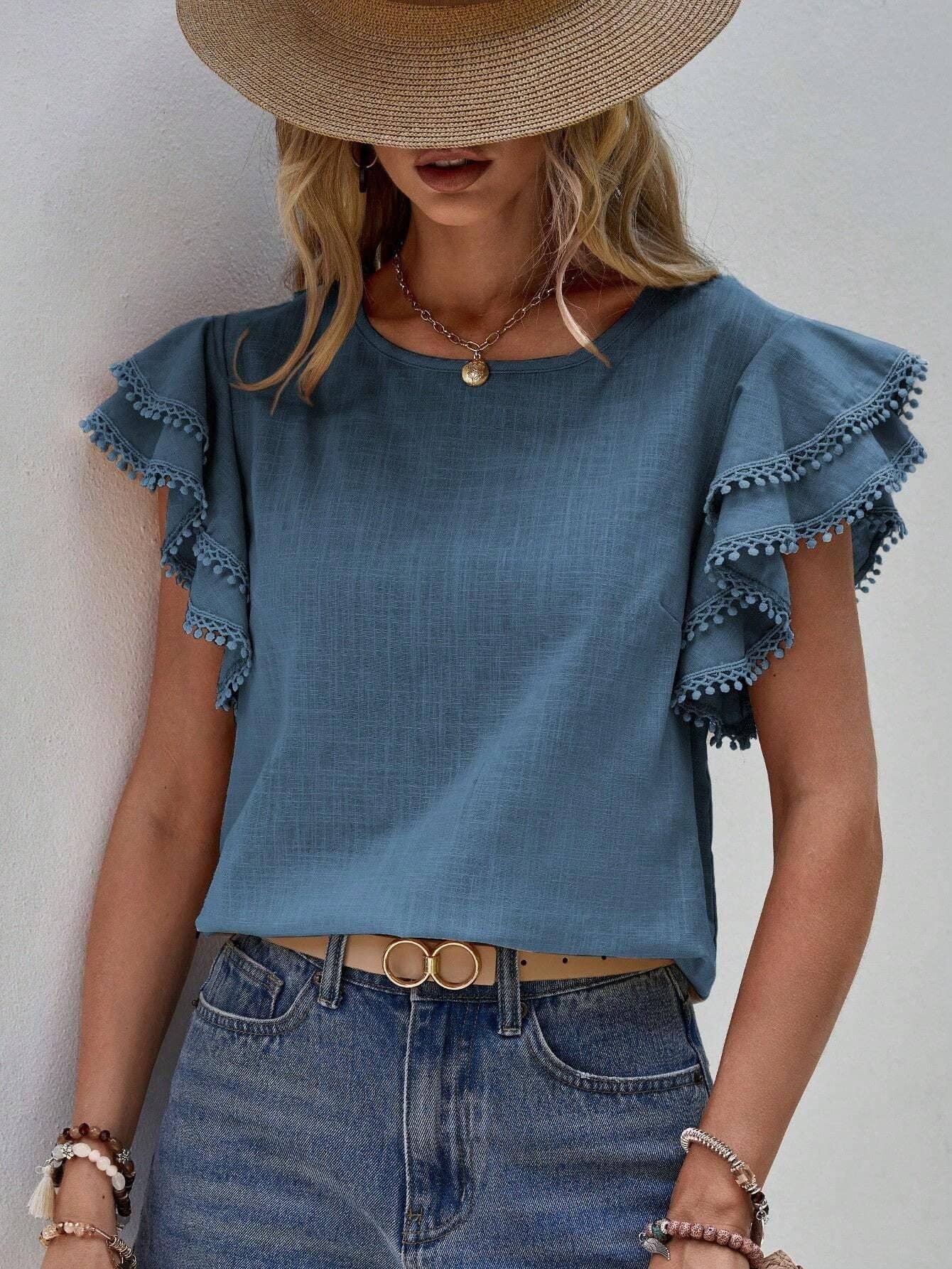 Casual Crew Neck Ruffle Batwing Short Sleeve Top