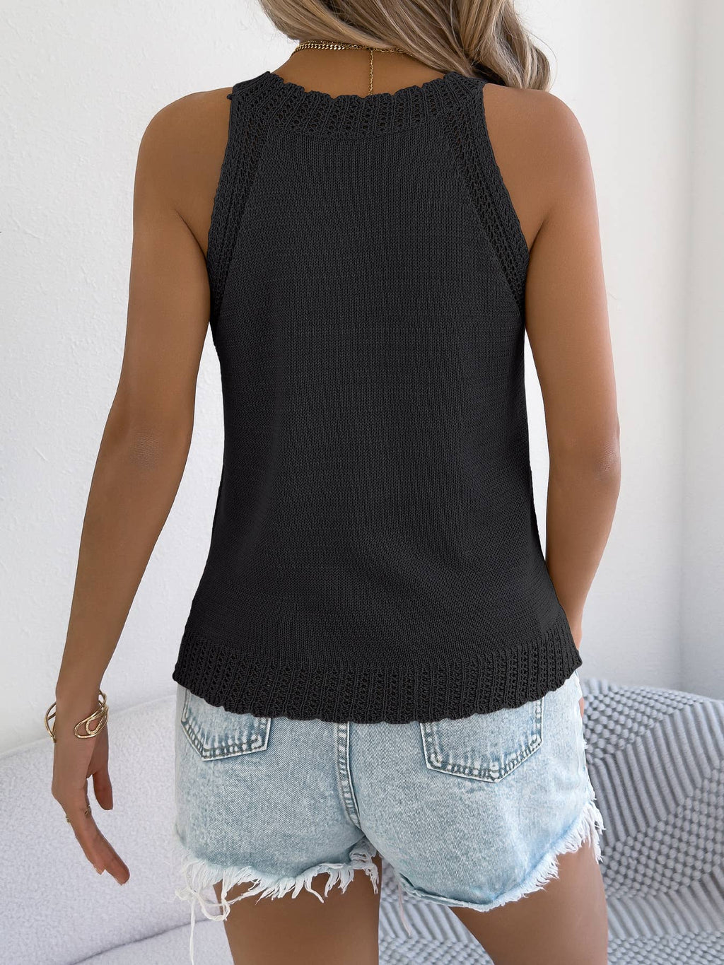 Sleeveless Open Knit Halter Neck Top