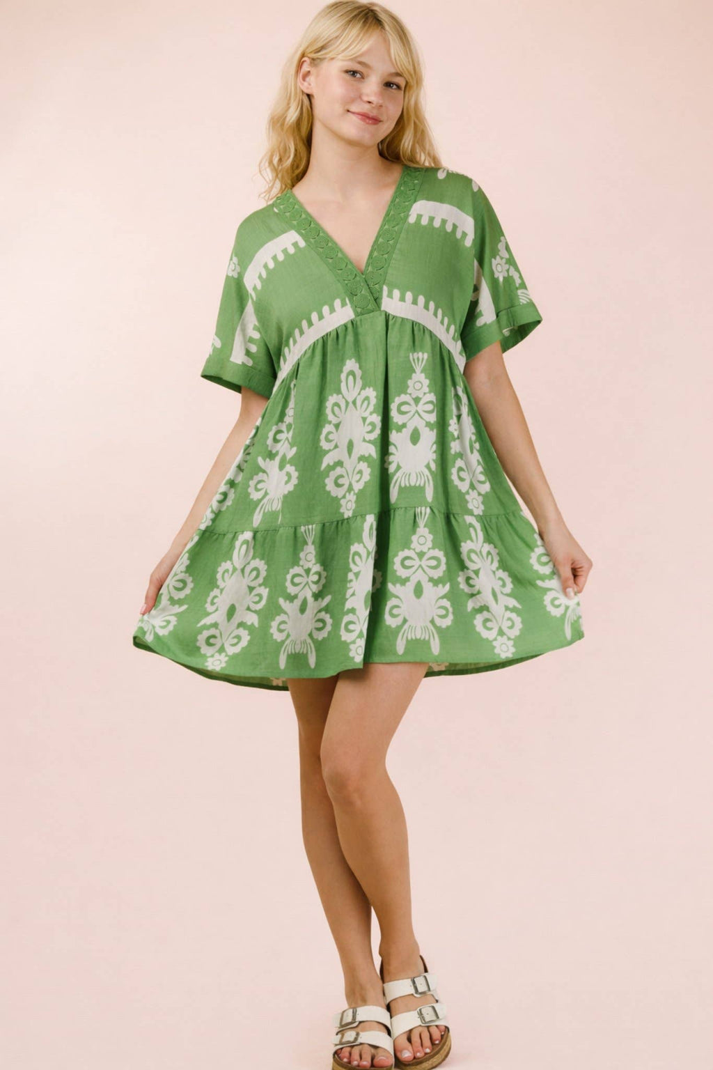 ND31592-Printed V-Neck Woven Mini Dress