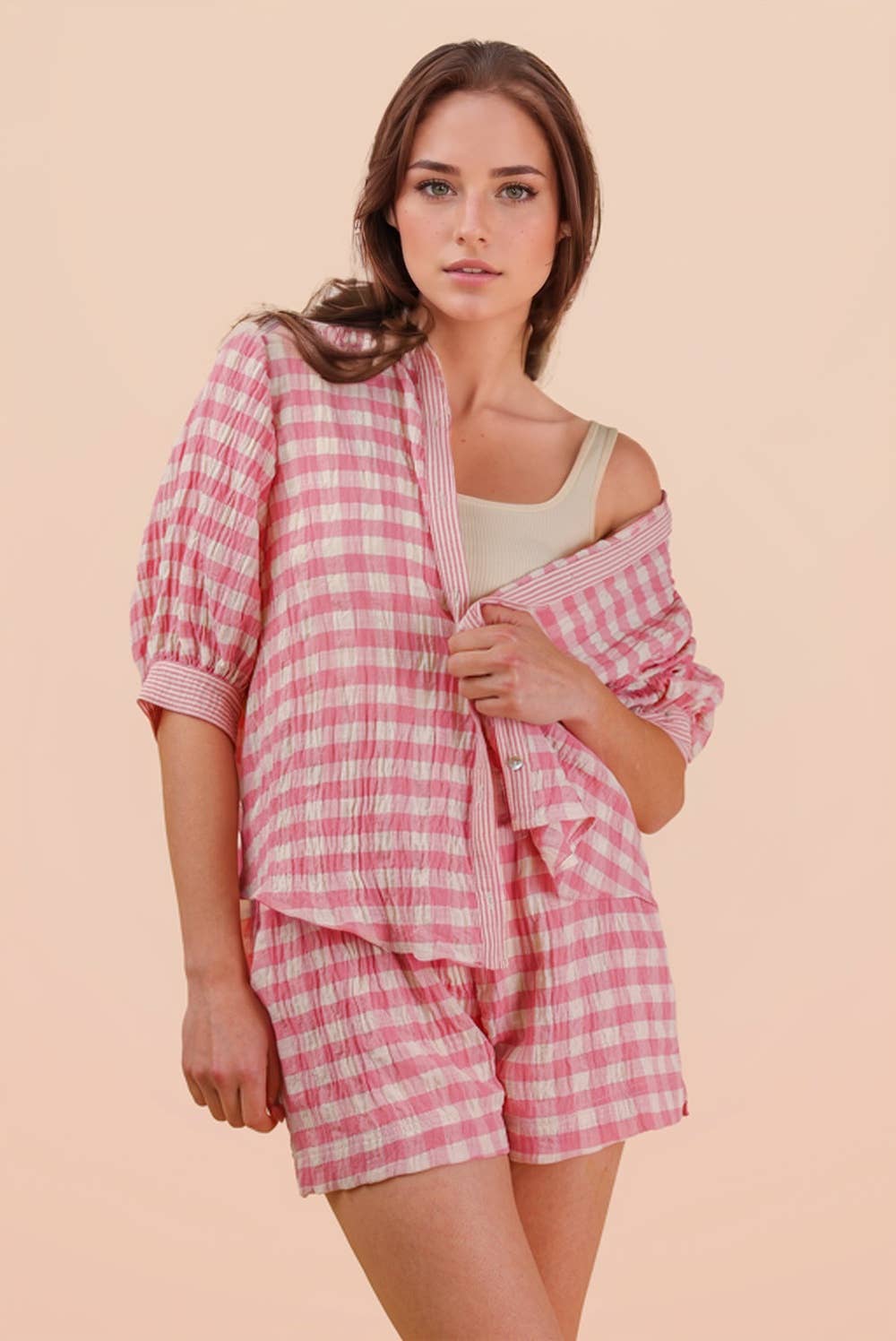 NT12452SET-Checkered Shirt Top & Shorts Set