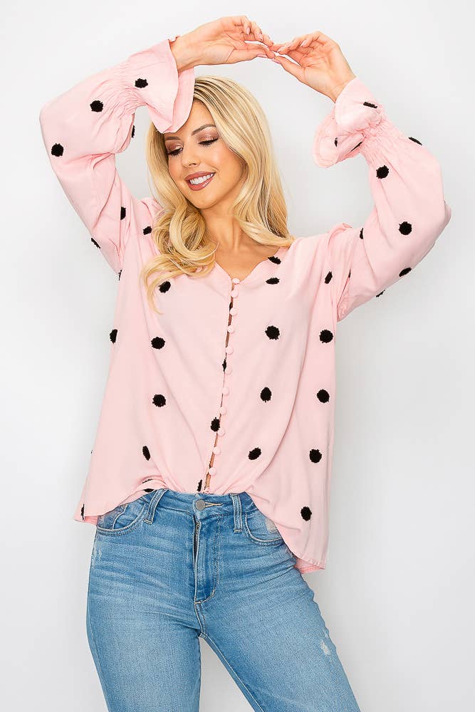 SZ1-TP3171 Pom Detail Button Long Sleeve Blouse