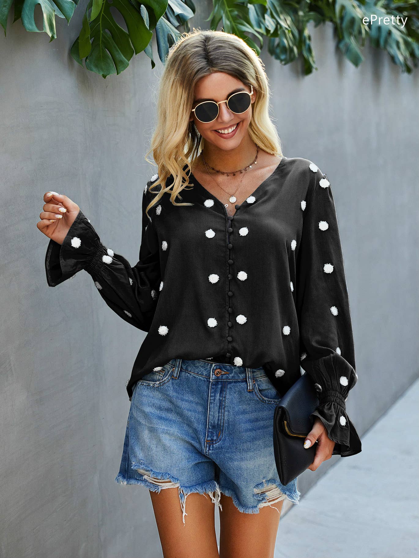 SZ1-TP3171 Pom Detail Button Long Sleeve Blouse