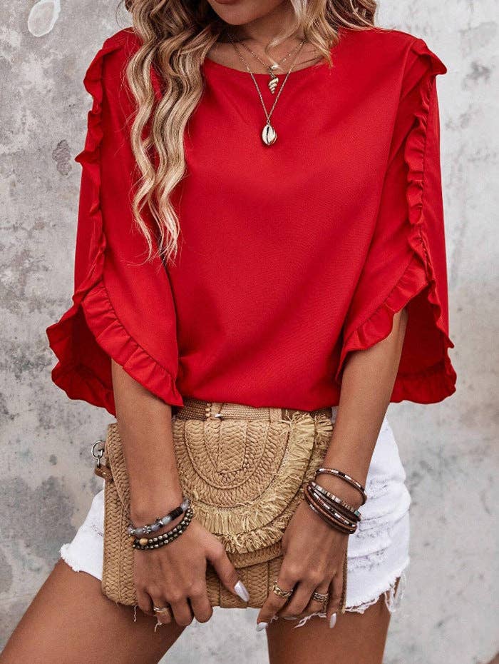 Summer Solid Ruffle Loose Fit Sleeve Shirt