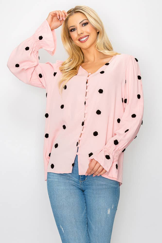 SZ1-TP3171 Pom Detail Button Long Sleeve Blouse