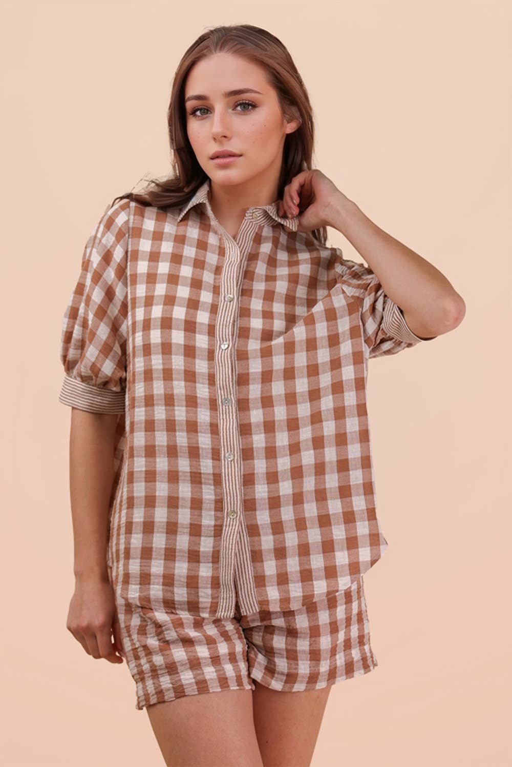 NT12452SET-Checkered Shirt Top & Shorts Set