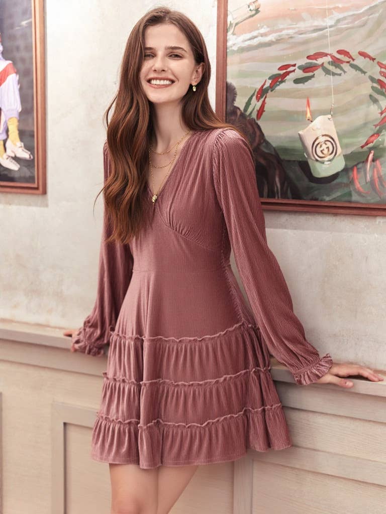 ND31004-Deep V-neck Textured Velvet Holiday Mini Dress