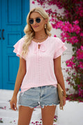 Pointelle Ruffle Sleeve Front Tie Blouse G5-TP1968