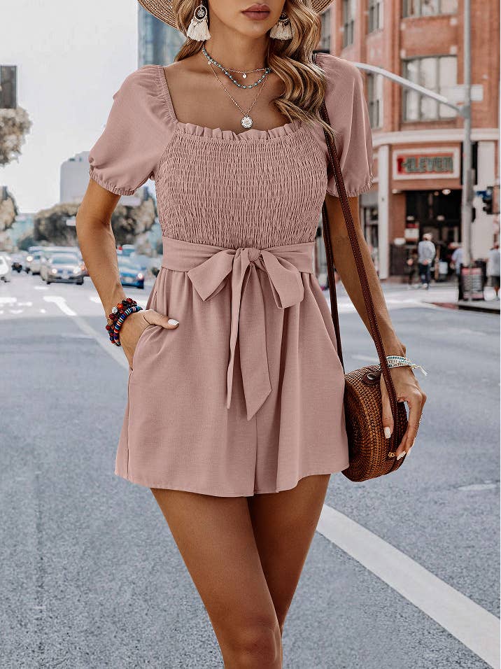 SZ1-R6026 Smocked Square Neck Waist Tie Romper