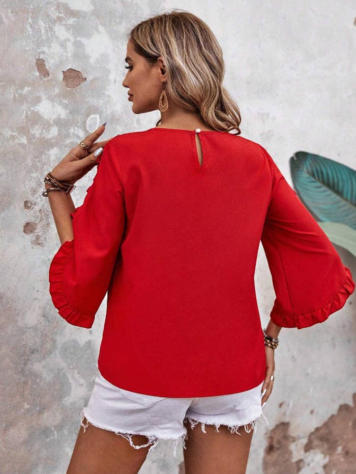 Summer Solid Ruffle Loose Fit Sleeve Shirt