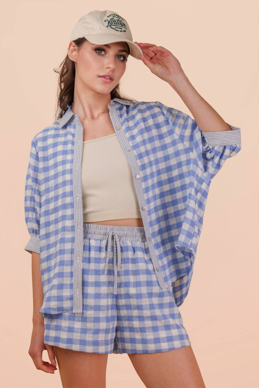 NT12452SET-Checkered Shirt Top & Shorts Set