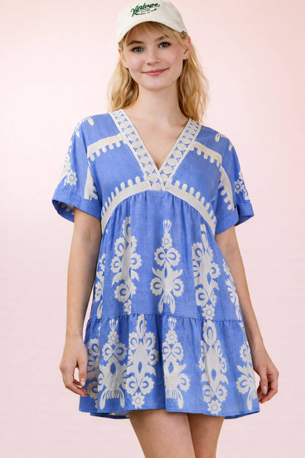ND31592-Printed V-Neck Woven Mini Dress