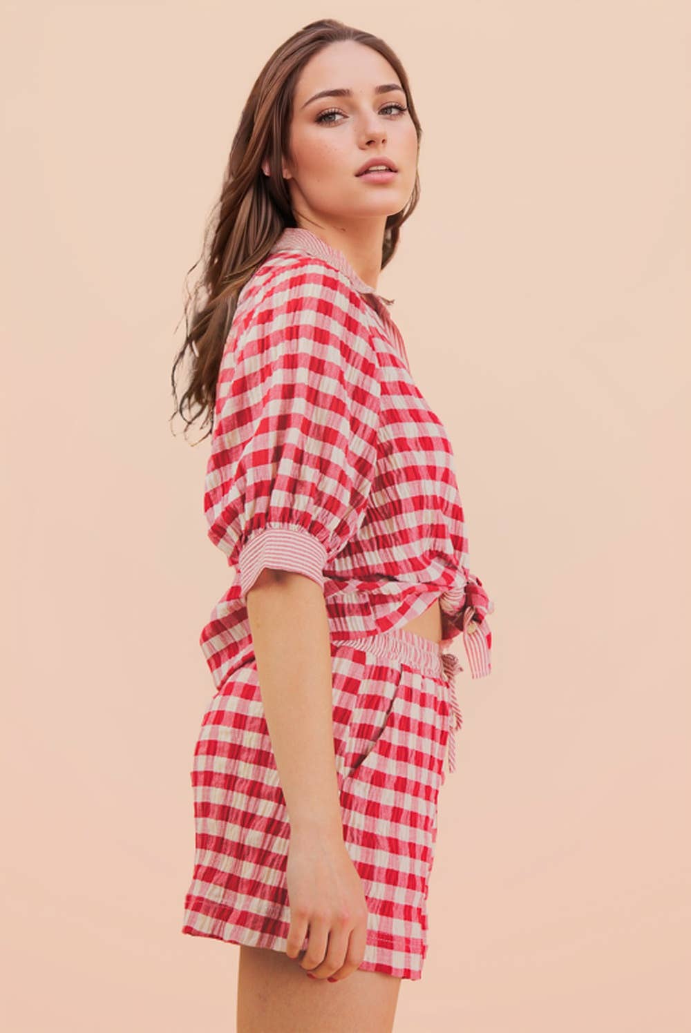 NT12452SET-Checkered Shirt Top & Shorts Set
