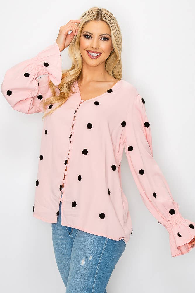 SZ1-TP3171 Pom Detail Button Long Sleeve Blouse